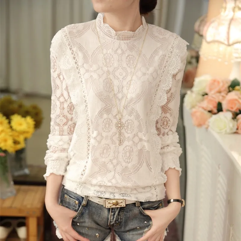 New Arrival 2024 Autumn Women Blouses Long Sleeve Fashion Casual Chiffon Shirts Stand Floral Lace Blouses Casaul Tops 07F 25