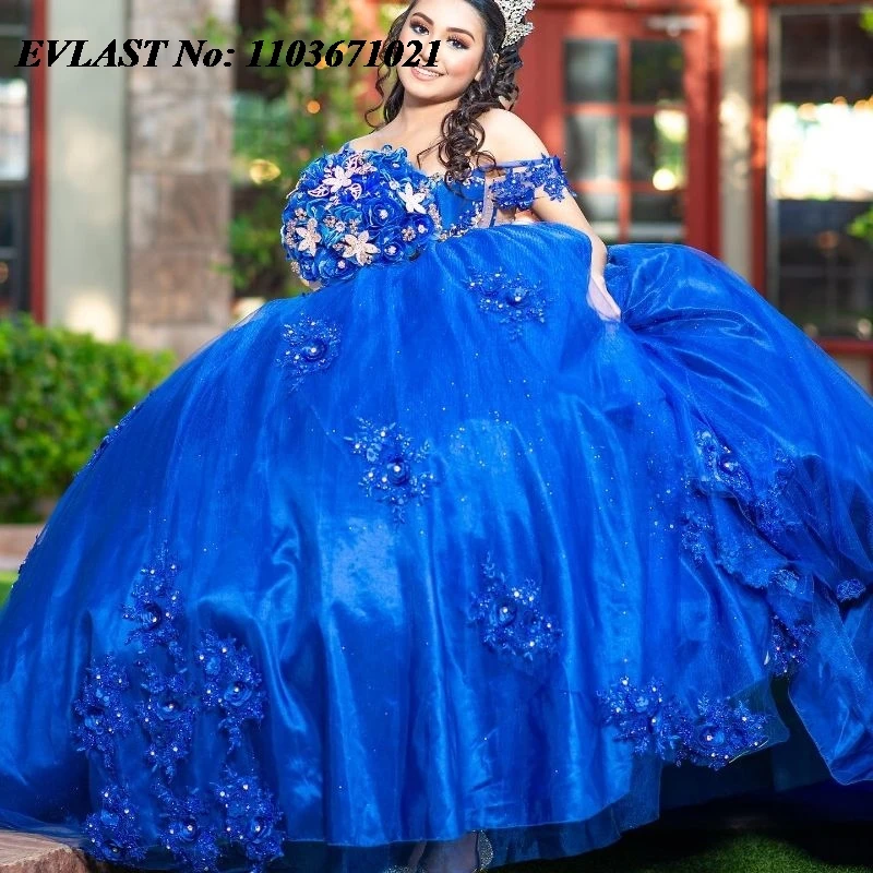 EVLAST, мексиканское Королевское синее бальное платье, платье Quinceanera, Кружевная аппликация, украшенная бисером, бриллианты, милое платье 16 дюймов, SQ200