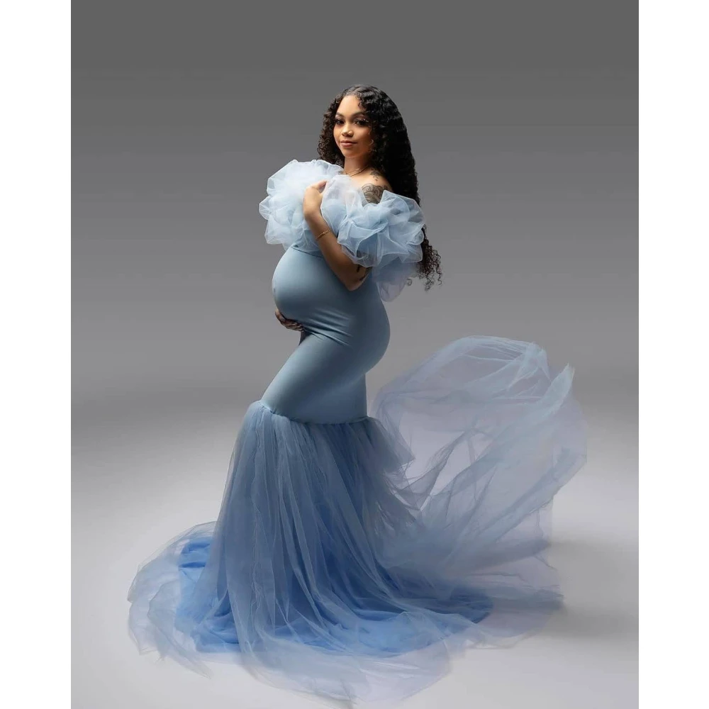 

Elegant Blue Mermaid Maternity Dresses Puffy Ruffles Pregnant Women Gown for Photoshoot Off The Shoulder Pregnancy Babyshower