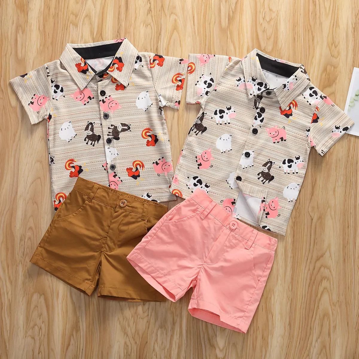 Lioraitiin 0-5years Toddler Boy Summer Clothes Set, Short Sleeve Printed Button Shirt+Solid Color Shorts Outfit