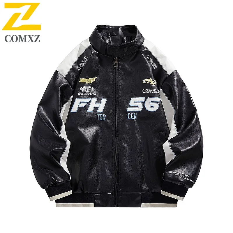

COMXZ Premium Men Leather Jacket Stand Collar American Style Lightweight Motorcycle Solid Color Outdoor Windproof Autumn Coat