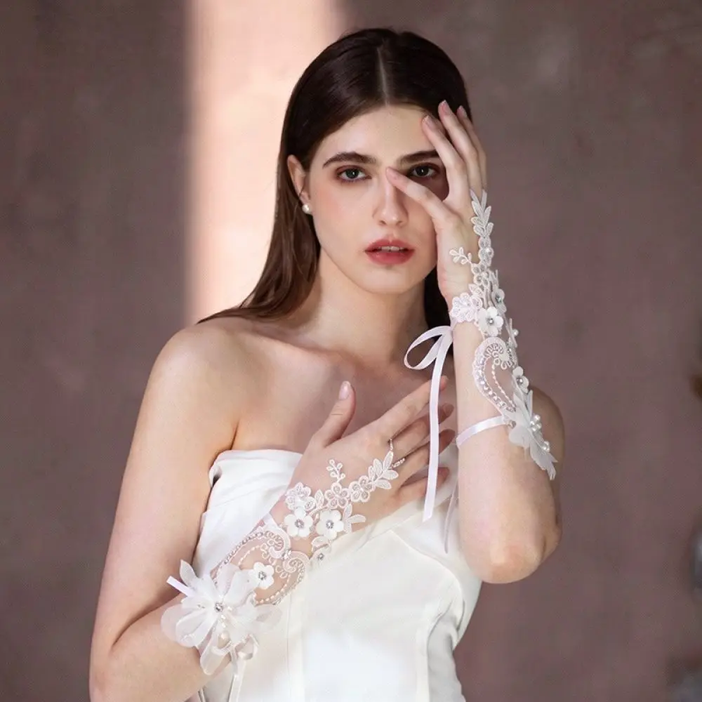 French Floral Lace Gloves Fingerless Ribbon Strappy Wedding Accessories Stylish Bridesmaid Dress Mittens