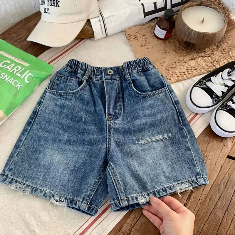 Summer Fashion Shorts Boys' Casual Denim Pants Girls' Casual Pants Children's Solid-Colour Distressed Pant New Kid Bottoms 2-10Y