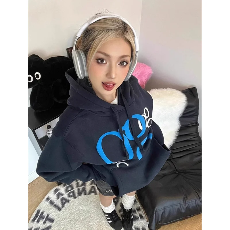 

Navy Blue Women Clothing Vintage Street Sweatshirt Hooded Baggy Y2K Letter Pullover Long Sleeves Warm Oversize Baggy Ladies Tops