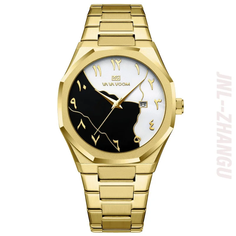 

Men Sport Watch Arabic Dial Gold Shell Face Business Style Stainless Steel Fashionable Relogio Masculino