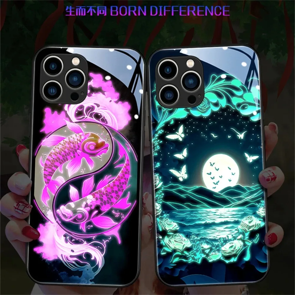 Butterfly Moon Sea Voice Sensing LED Light Up Glowing Luminous Phone Case For iPhone 15 14 13 12 11 Pro Max X XR XS SE2020 6 7 8