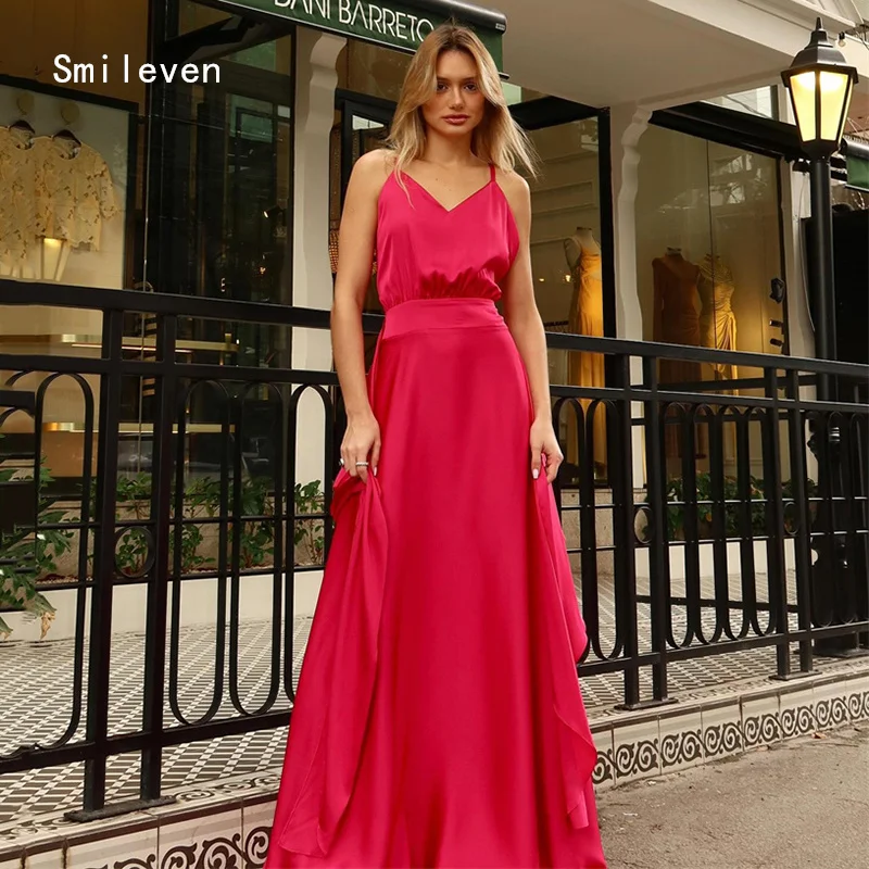 

Smileven Novel Red A-line Prom Dress Backless Spaghetti Strap Party Gowns V Neck Formal Occassion Dress Customized 2