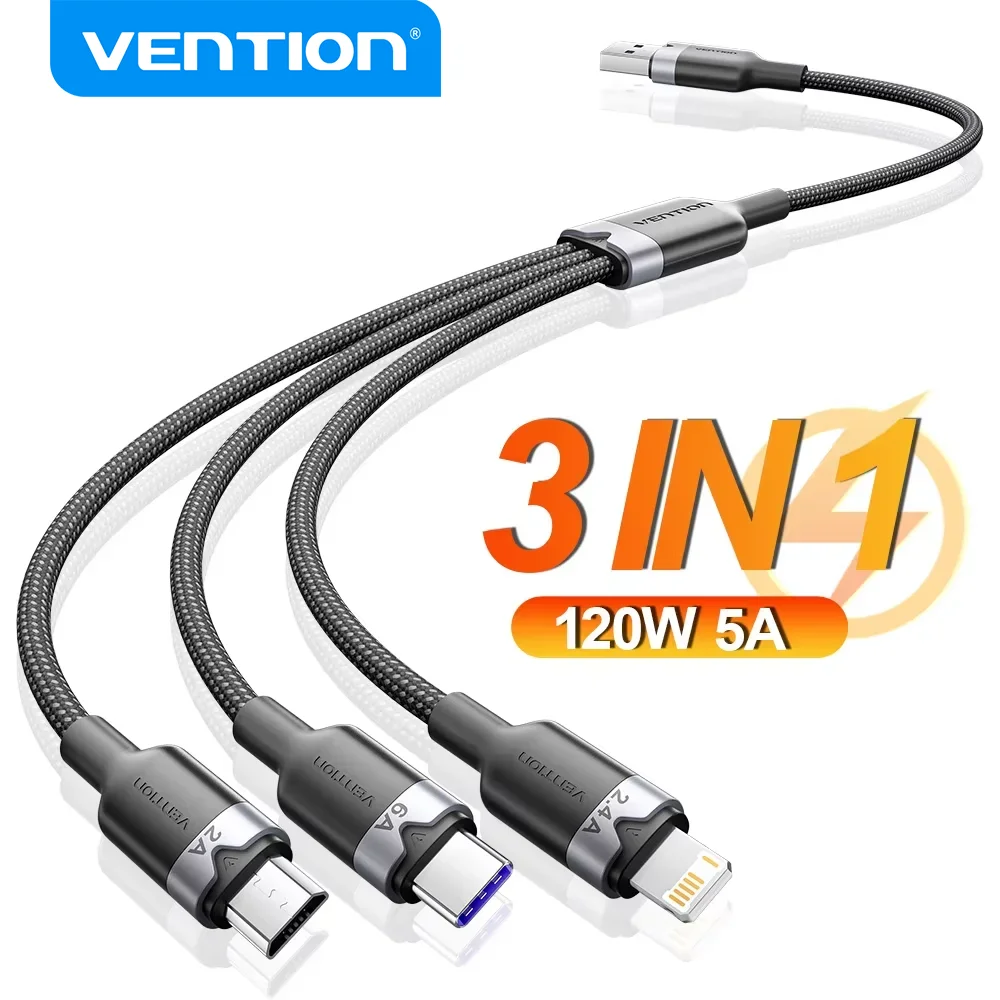 

Зарядный кабель Vention 120 Вт 6A USB Type C 3 в 1 Кабель для быстрой зарядки USB A to Type C USB Micro Lightning Wire для iPhone Samsung