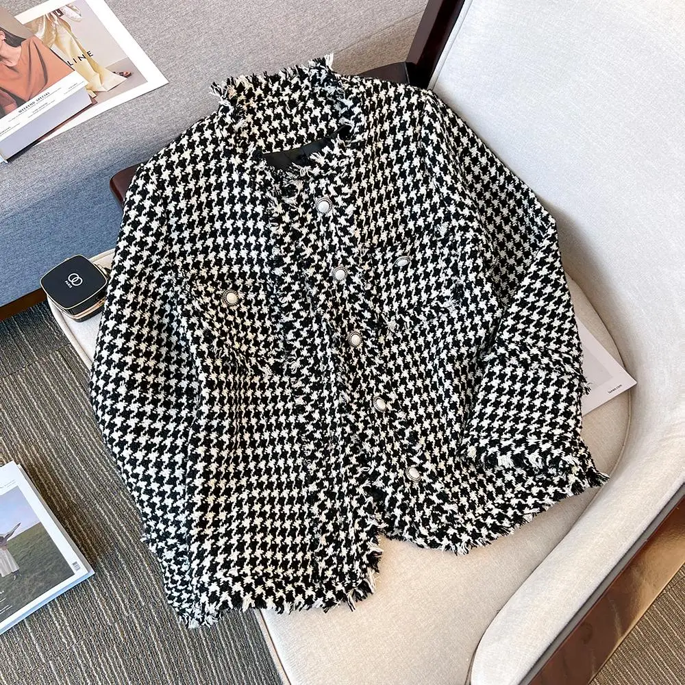 

Women Elegant Vintage Tweed Houndstooth Jacke Long Sleeve Single-breasted Winter Jacquard Tassel Coat Oversize Tops 90S Clothing