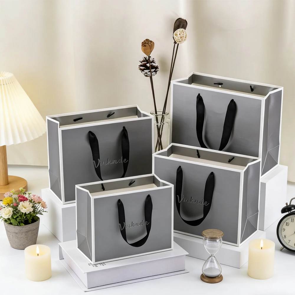 

Серая роскошная одежда с логотипом, сумки для покупок, подарочная бумажная сумка-тоут, упаковка с ленточной ручкой, сумка для свадебных украшений, косметики