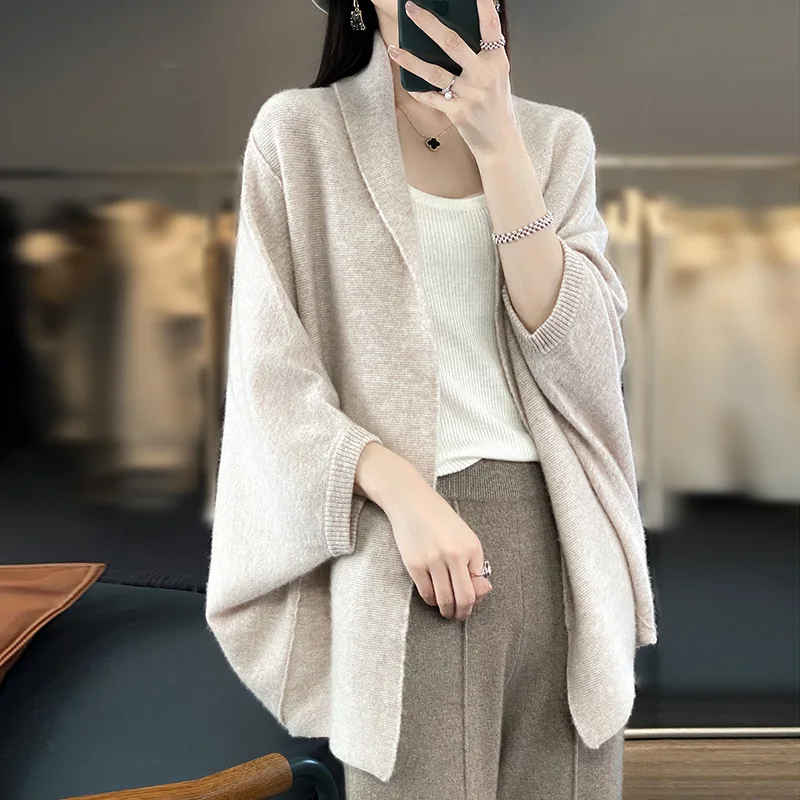 

Women New 100% Merino Wool Cardigan Sweater Batwing Sleeve Shawl Loose Cashmere Knitwear Autumn Winter Soft Cozy Tops Clothing