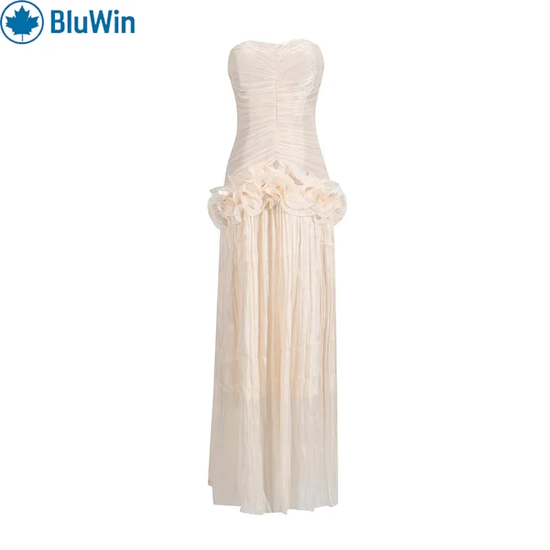 

URBANCHIC 2025 French-Chic Strapless Maxi Gown – Ruffled Panel Splicing, Elegant Tweed-Inspired Evening Dress for Women