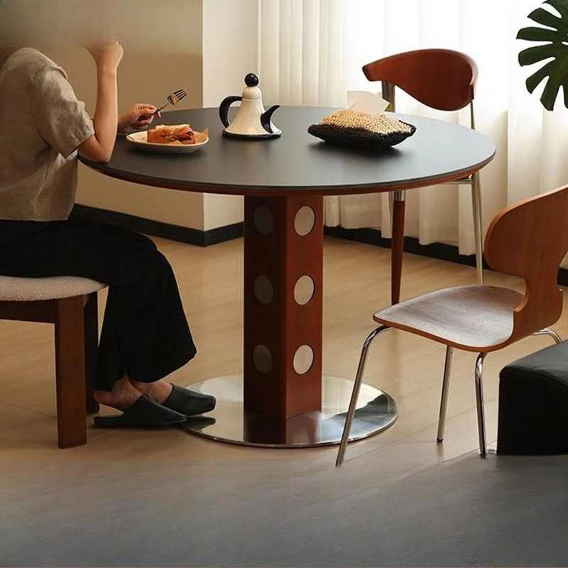 Full base plate rock slab dining table small apartment household medieval retro style round table negotiation table and chair