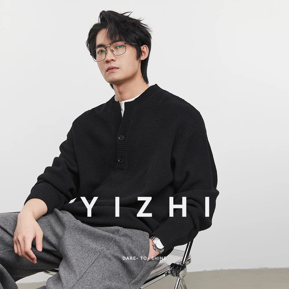 Fashion Men's Faux Two-Piece Knit Sweater with V-Neck and Button Design 2025 Winter New Versatile Top Pullover