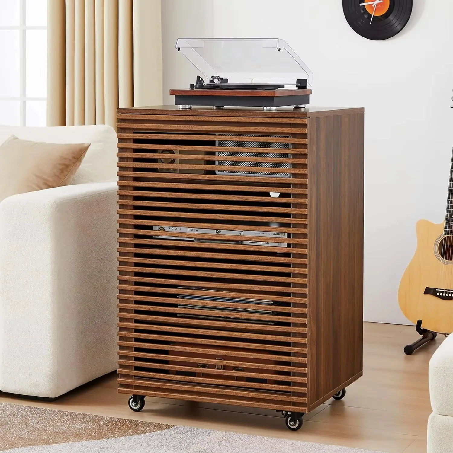 

5-Tier AV Media Cabinet with Grille Door & Adjustable Shelves, Modern Wooden Stereo Rack with Cable Management &, Custom