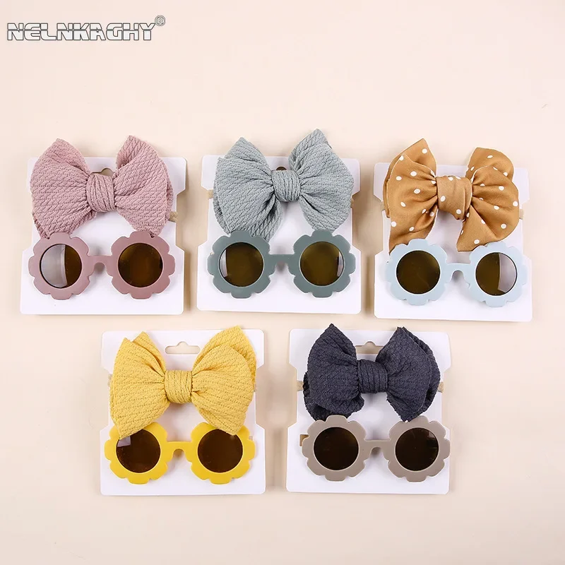 2024 New in Kids Baby Girls Boys Cute Hairbands + Sunglasses Children Cotton Bow Headbands Toddler Accessory Set 2pcs