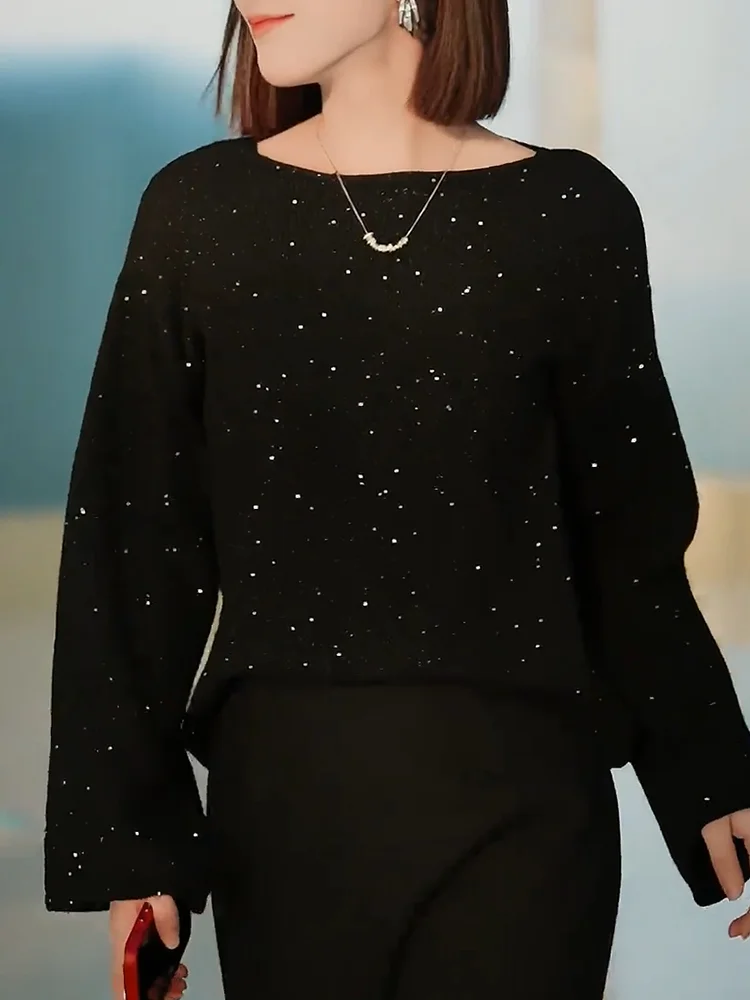 

Модный универсальный свитер с круглым вырезом и пайетками, большой размер, из шерсти, с длинными рукавами, для повседневной носки
