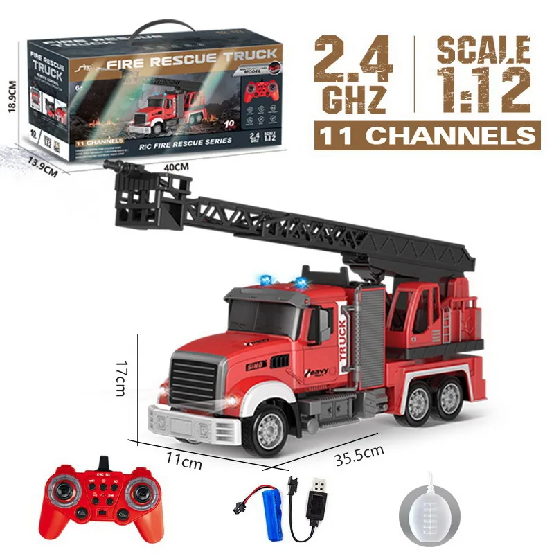 2.4G 11CHリモートコントロールはしご消防車 男の子向けおもちゃ 模擬RC消防救助車両 都市消防工事車両 水鉄砲車