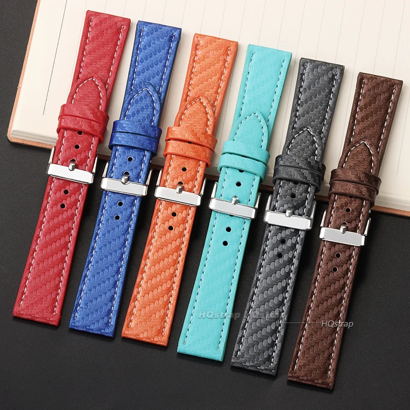 Leather Bracelet Carbonfiber Grain Watchband 18mm 20mm Red Orange Black Blue Brown Wristband 22mm 24mm Watch Strap for Seiko