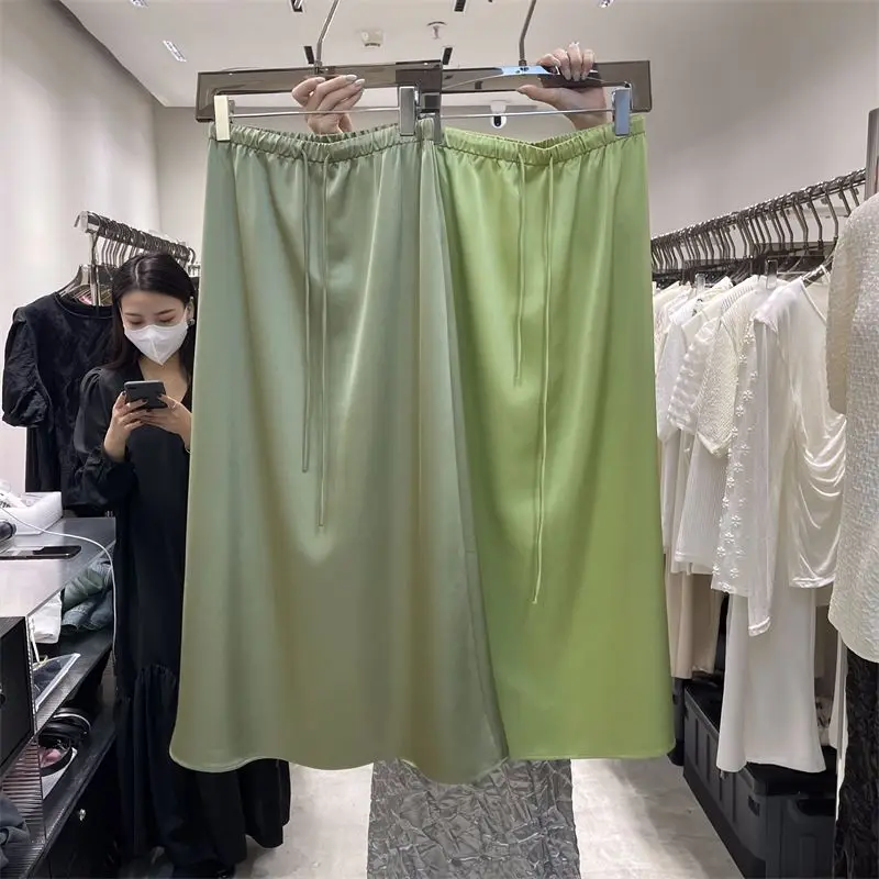 Women's Plus Size Satin High Waist A Line Skirt Summer Drawstring Casual Flowy Acetic Acid Midi Skirt