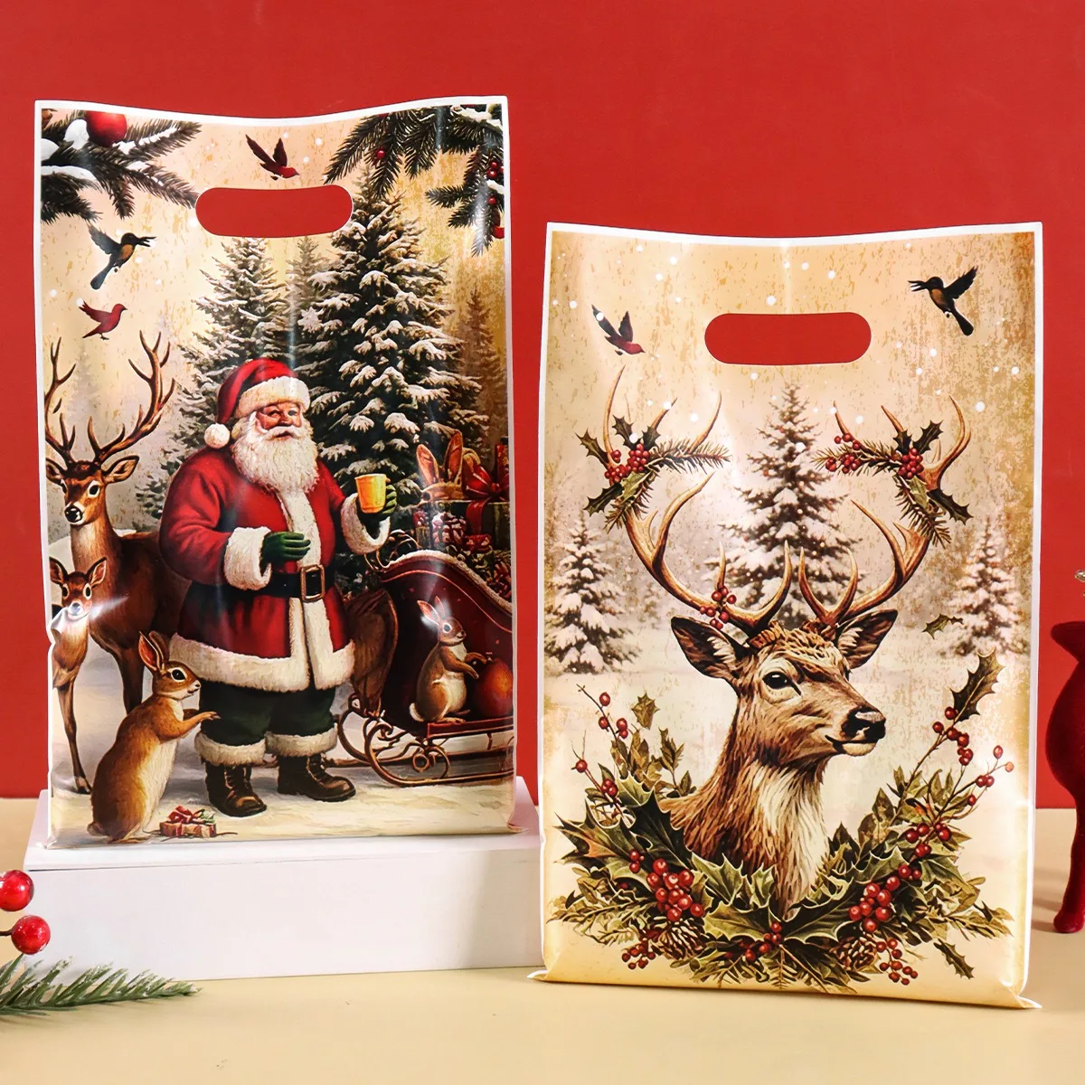 10/20/50 Stück Retro Weihnachtsgeschenktüten 4 Stile Landhaus-Thema Santa Süßigkeiten-Tragetasche Winter-Feiertagsparty-Dekorationen für Zuhause 2026 – Detail 2