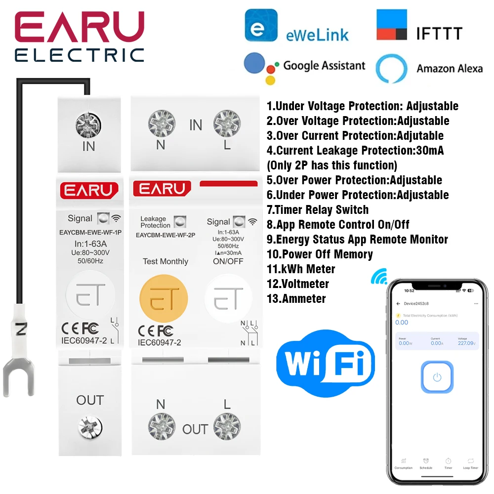 

Din-рейка eWeLink Wi-Fi умный автоматический выключатель, счетчик энергии, таймер, реле kWh, защита от напряжения и тока, голосовой пульт дистанционного управления