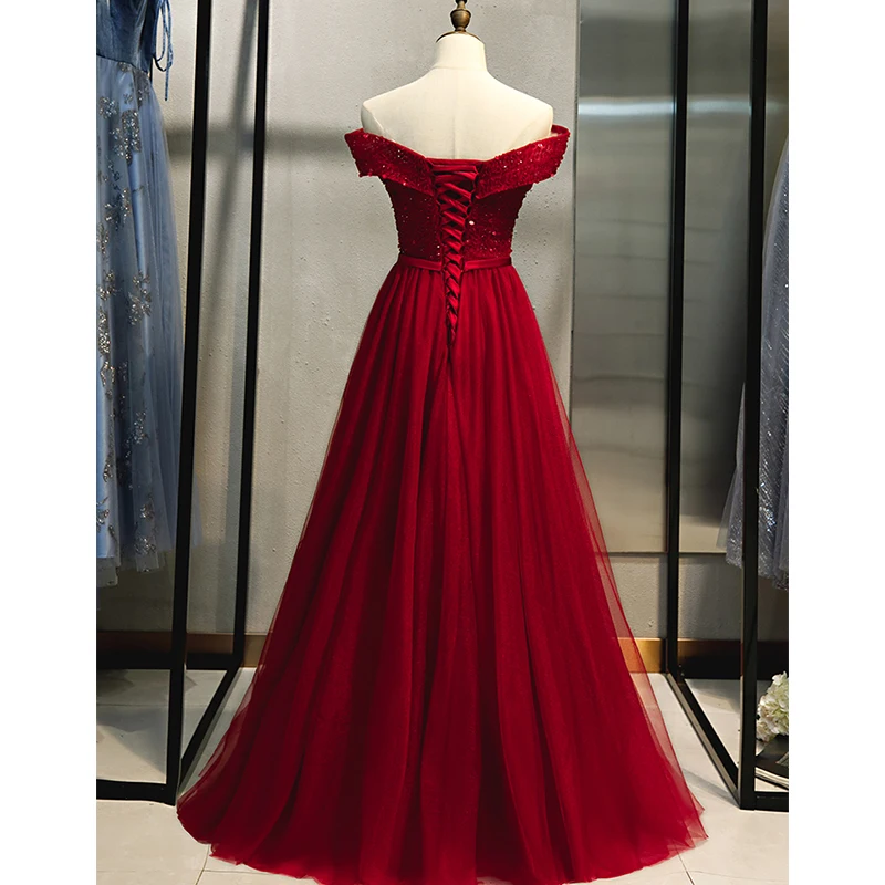 It\'s Yiiya Evening Dress Burgundy Tulle Beading Off Shoulder A-Line Party Gown Crystal Lace Up Formal Dresses Plus Size E968