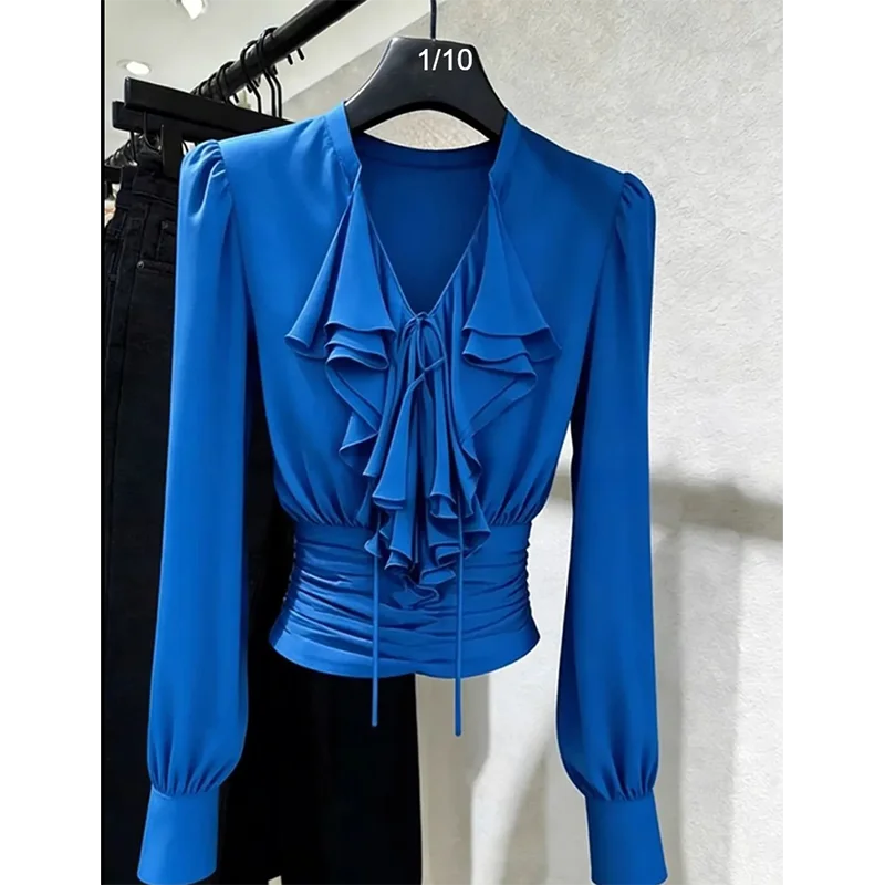 

Blue Lace Trim Shirt Women's Design Sensation Spring 2026 New Style Unique Top for Casual Wear Elegant And Stylish