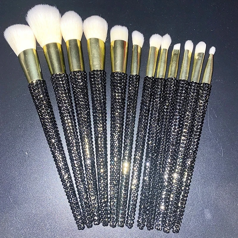 12Pcs/set Diamond-studded Makeup Brushes Gems Makeup Beauty Tools Full Diamond Loose Powder Foundation Concealer Brush Bling