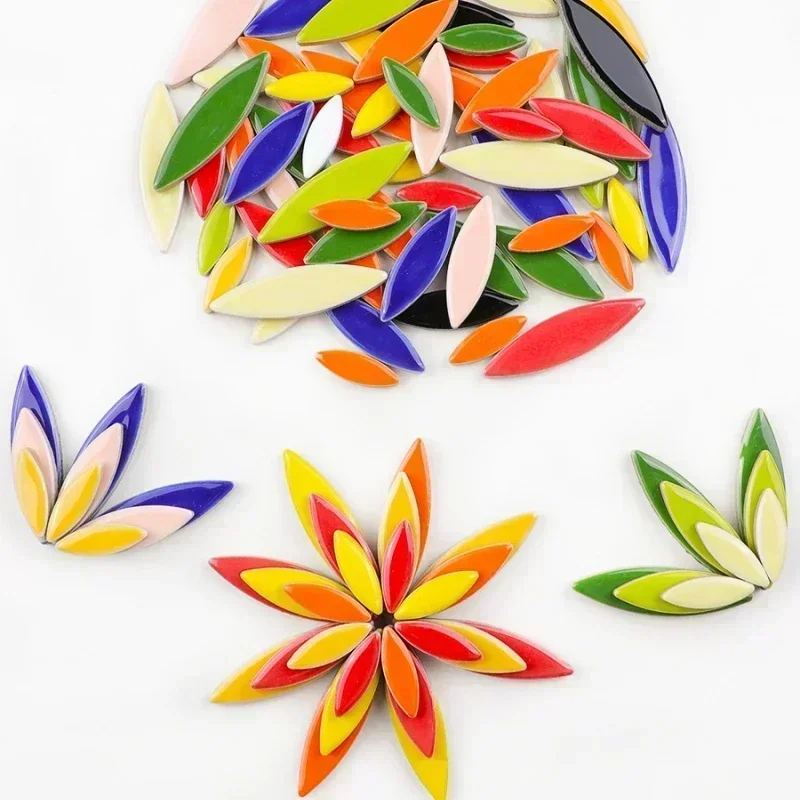 510g/18oz Ceramic Leaves Mosaic Tiles DIY Porcelain Willow Leaf-Shape Tile 3 Sizes Mix 4mm/0.15in Thickness Petal Tiles