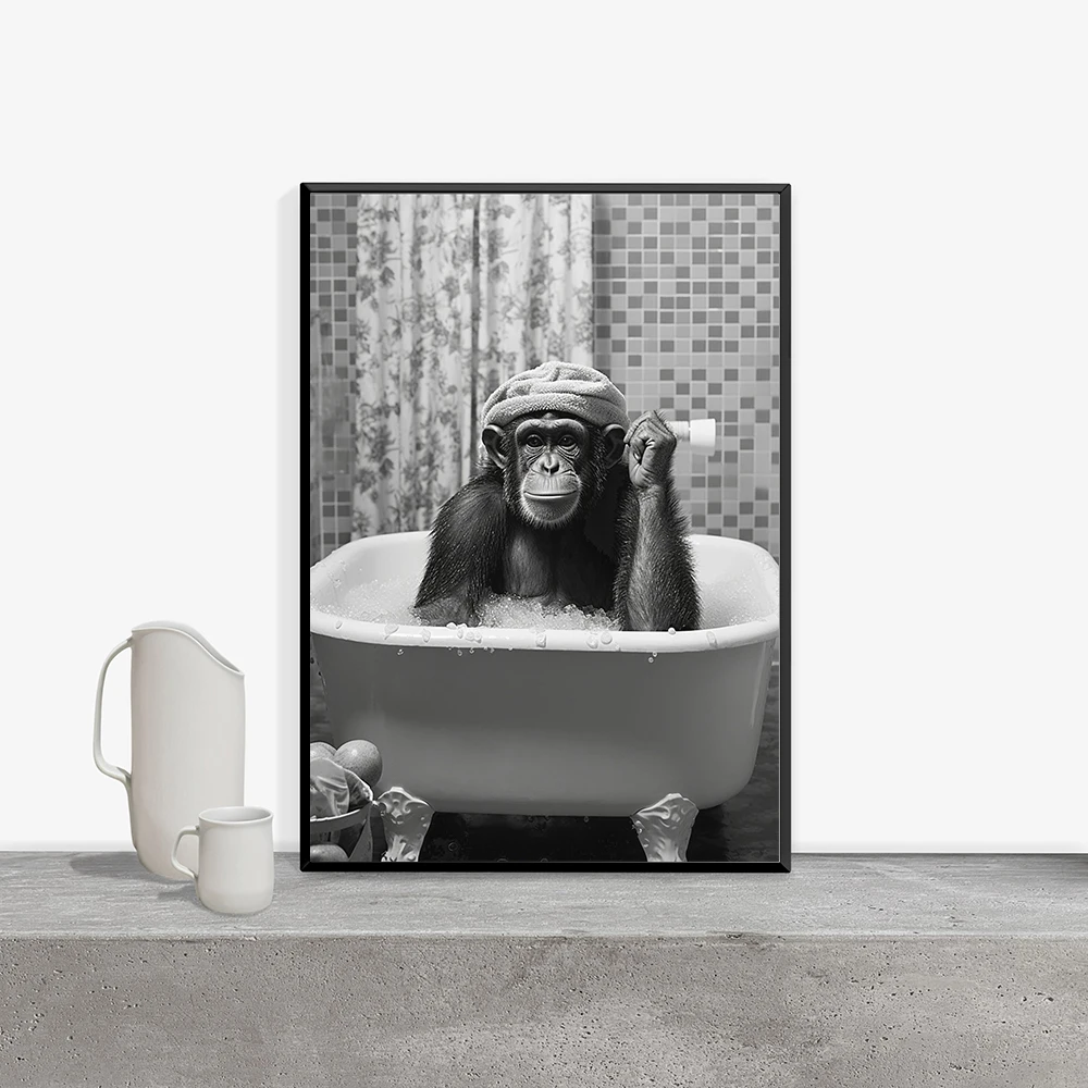 Monkey In A Bathtub Bathroom Poster Monkey In Tub Print Whimsy Animal Wall Art Toddler Gorilla Canvas Painting Room Home Decor