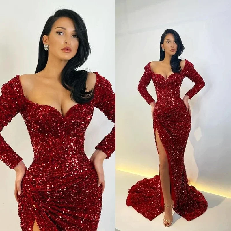 

Sexy Wine Red Prom Dresses Long Sleeves Sequins Sweetheart Sexy Split Formal Prom Party Gowns Maxi Women Night Evening Dresses