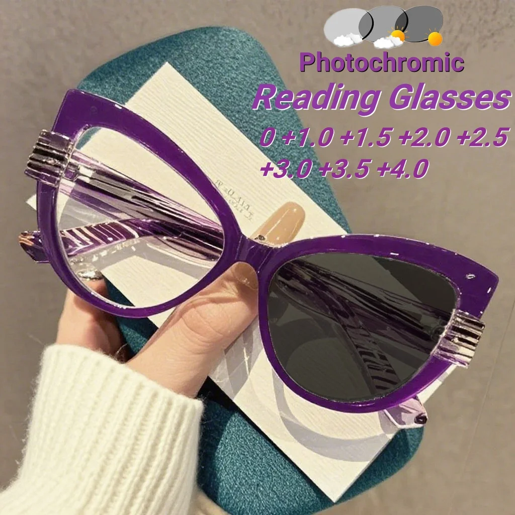 

New Retro Cat Eye Photochromic Women's Presbyopia Glasses with Large Frame Men's Anti Blue Light Farsightedness Glasses