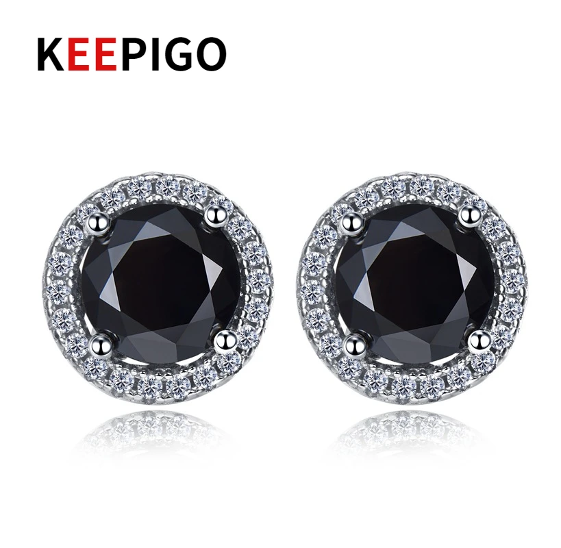 

KEEPIGO S925 Sterling Silver 1ct Black High Carbon Diamond Round Earrings For Man Women Party Or Girl Boy Birthday Gift RA192