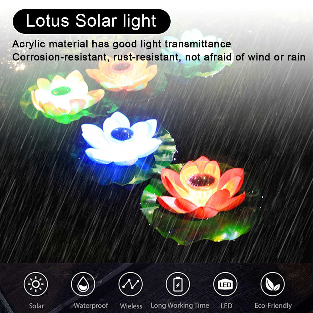 Solar Powered LED Flower Light Artificial Lotus Shape Floating Fountain Pond Garden Pool Lamp LED Night Light Yard Decor Lights