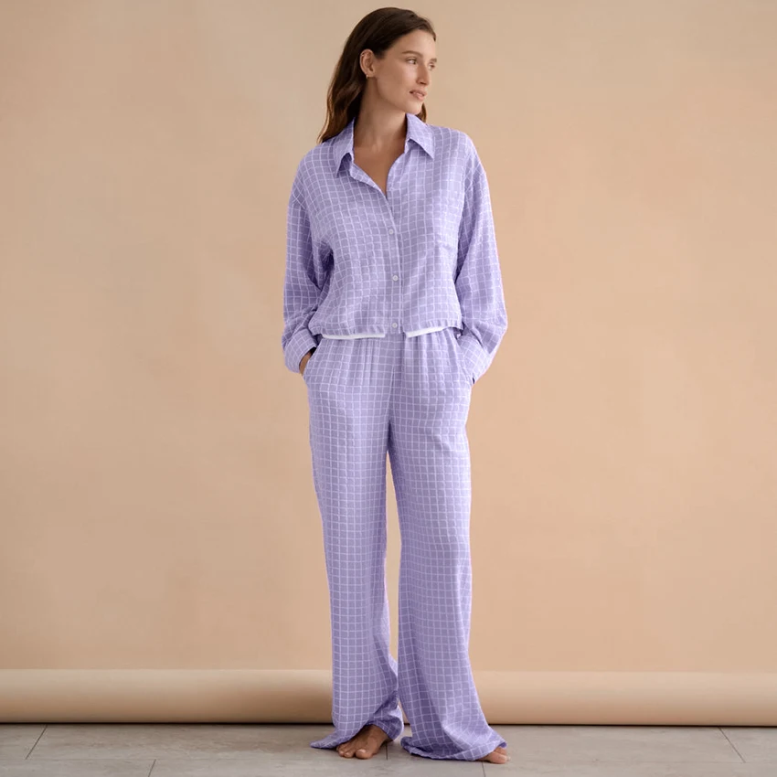 Hiloc Spring Casual Purple Plaid Pajama Sets Home Long Sleeve Shirts And Elastic Waist Trousers 2 Pieece Sets With Pockets 2026
