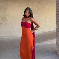 Color Blocking Scarf Collar Suspender Women Maxi Dress Spaghetti Strap High Split Floor