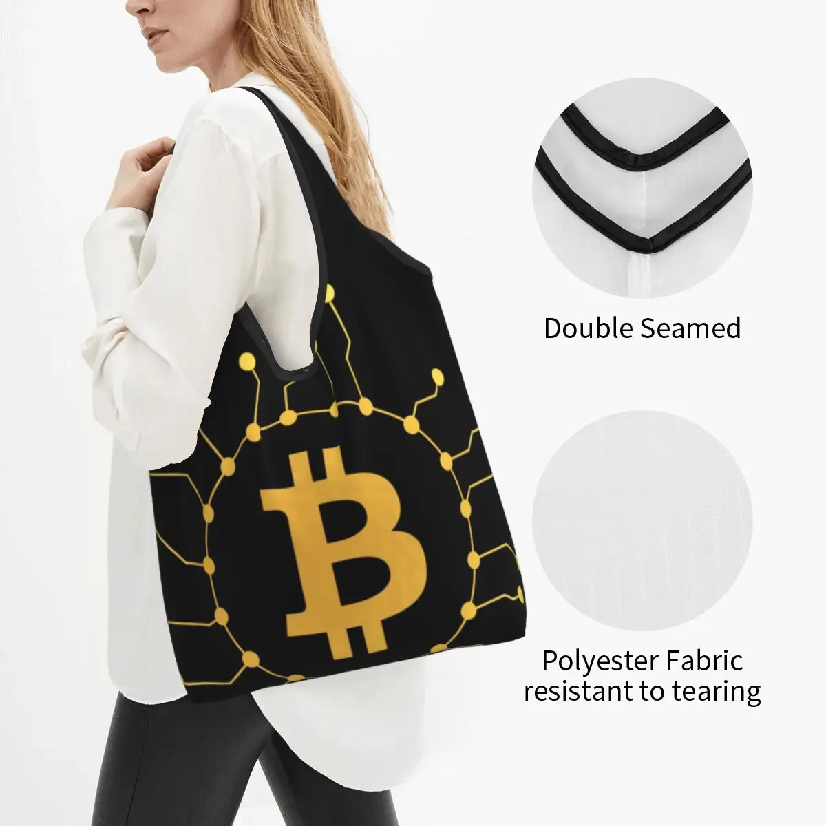 Borsa per la spesa riutilizzabile personalizzata con Logo BTC borsa per la spesa da donna borsa per Shopper con valuta digitale Bitcoin portatile