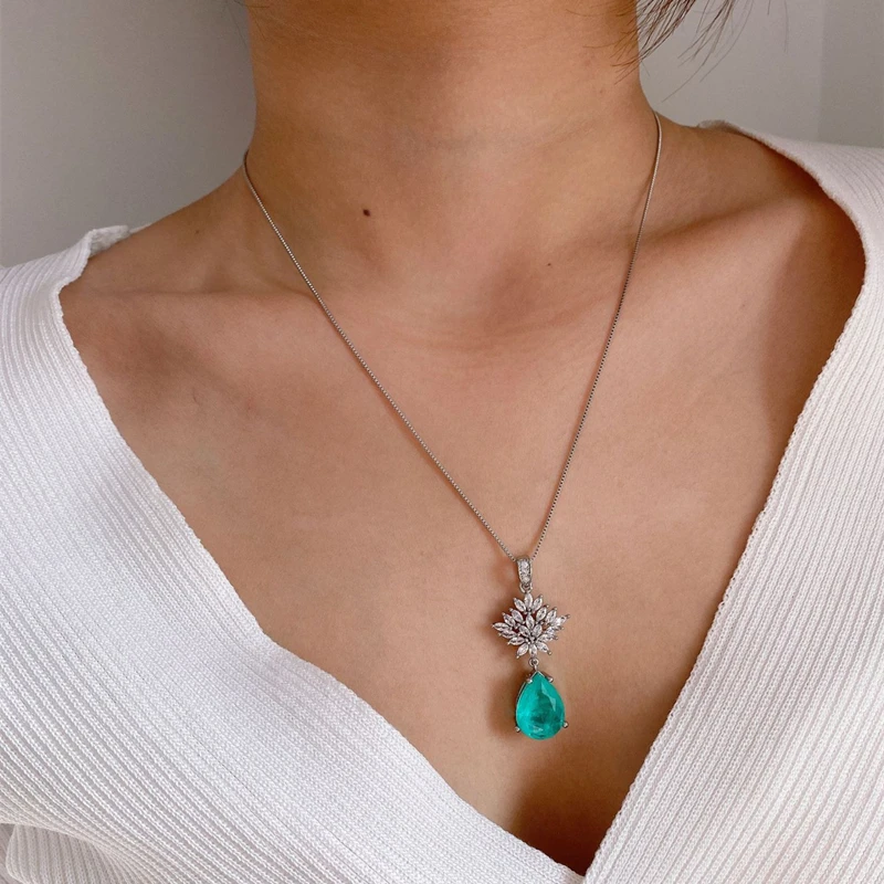 925 Sterling Silver Paraiba Gemstone Drop Snowflake Crystal Pendant Earrings 2022 Trend Necklace Jewelry Set Women Cocktail Gift