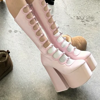 Sweet Pink Silk Hollow Women Boots Summer Trendy Platform Belt Buckle Zipper Super High Heel Lolita Knee High Boots