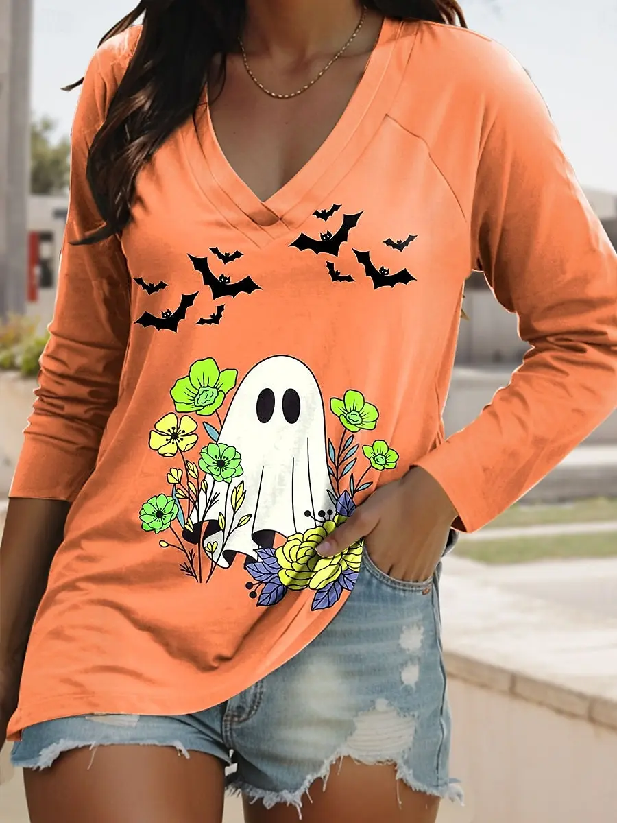 

2025 Halloween Women's T-Shirts Graphic Ghost Elegant Vintage Tees Long Sleeve T-shirts V-Neck Regular Tops Casual Pullover