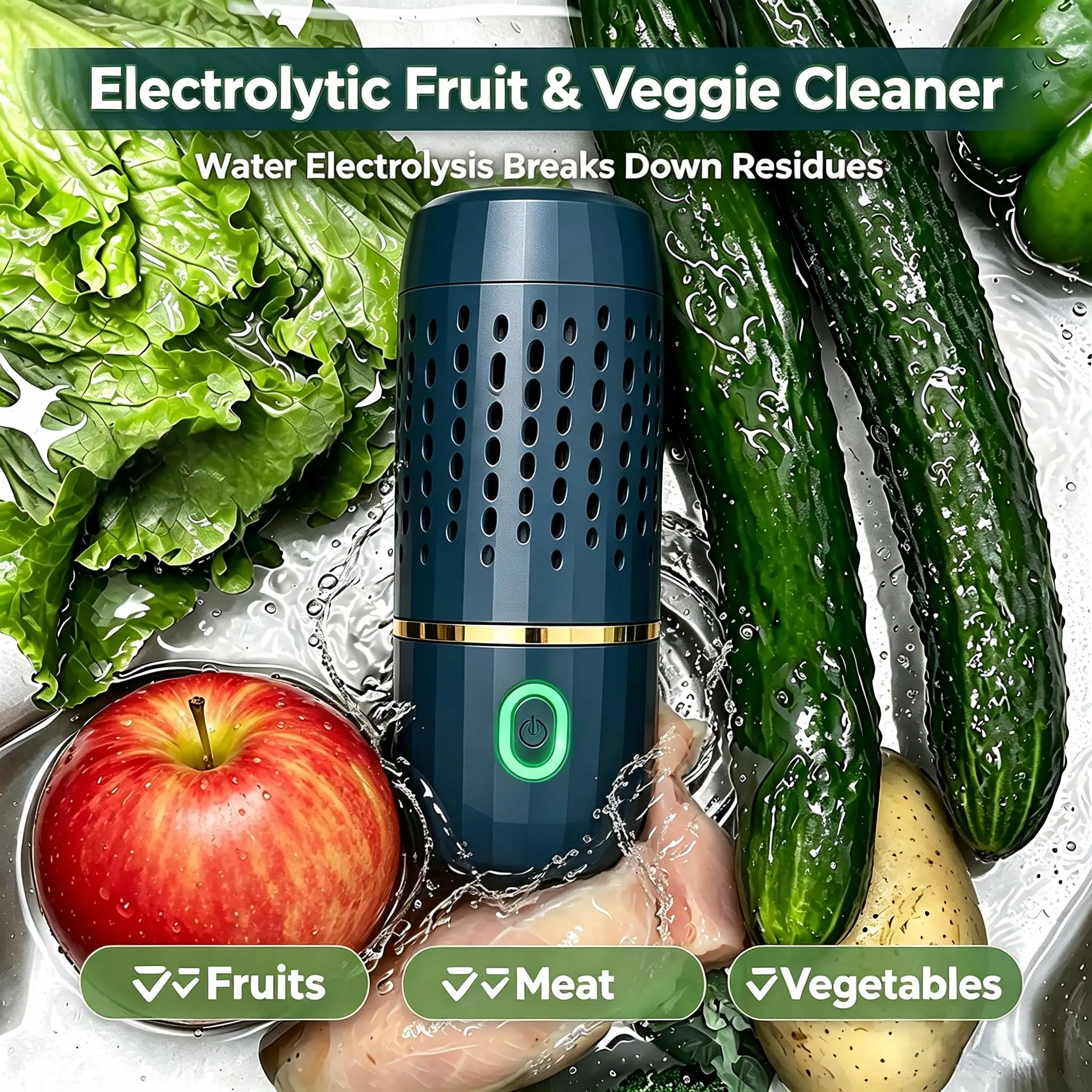 Titanium Electrode Fruit, Vegetable, Meat Cleaner USB Rechargeable IPX7 Food Purifier Removes Chemical Residues for Healthy Diet