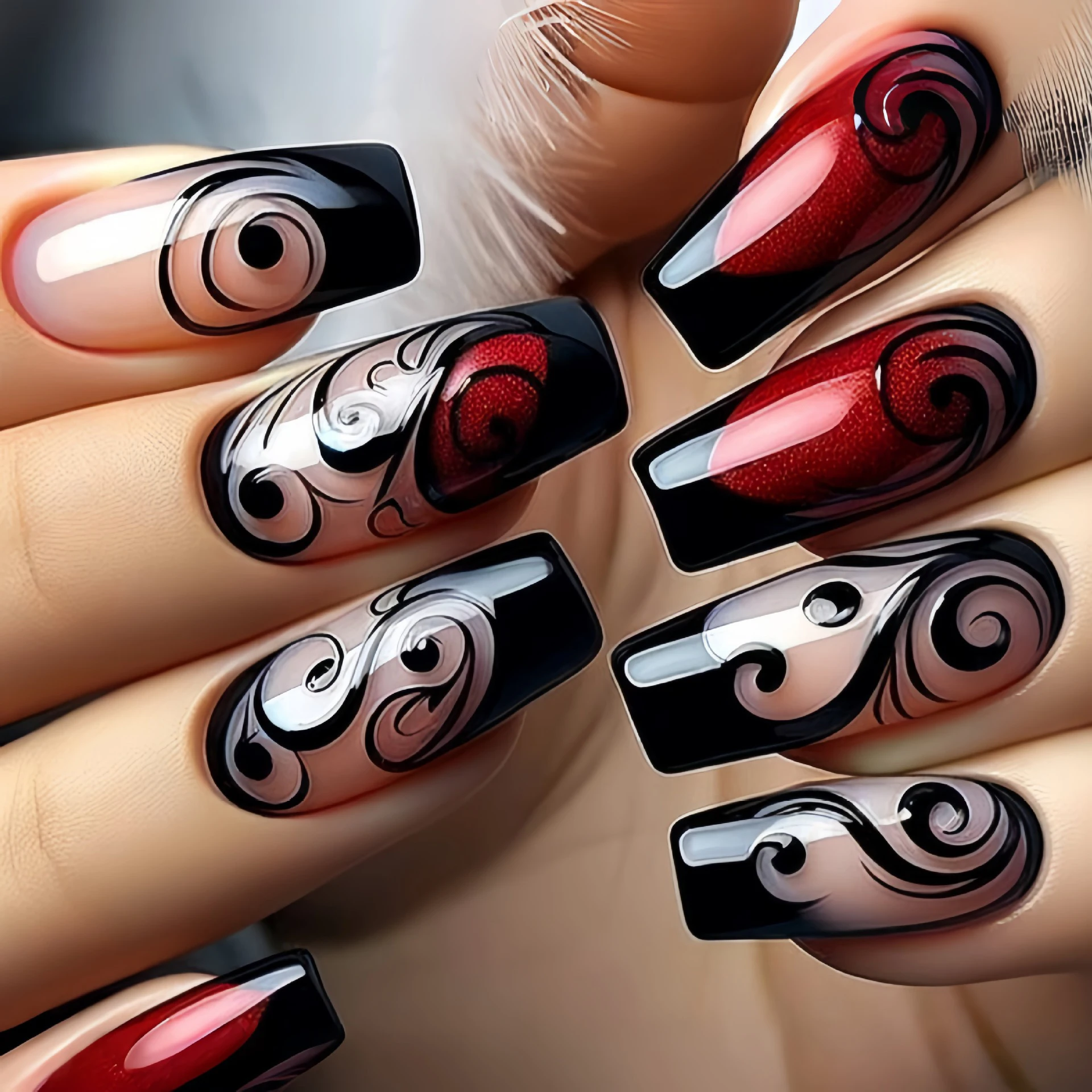 24pcs/set fake nails for women black red flowers french style Medium ballet shape full cover reusable press on Artificial Nails