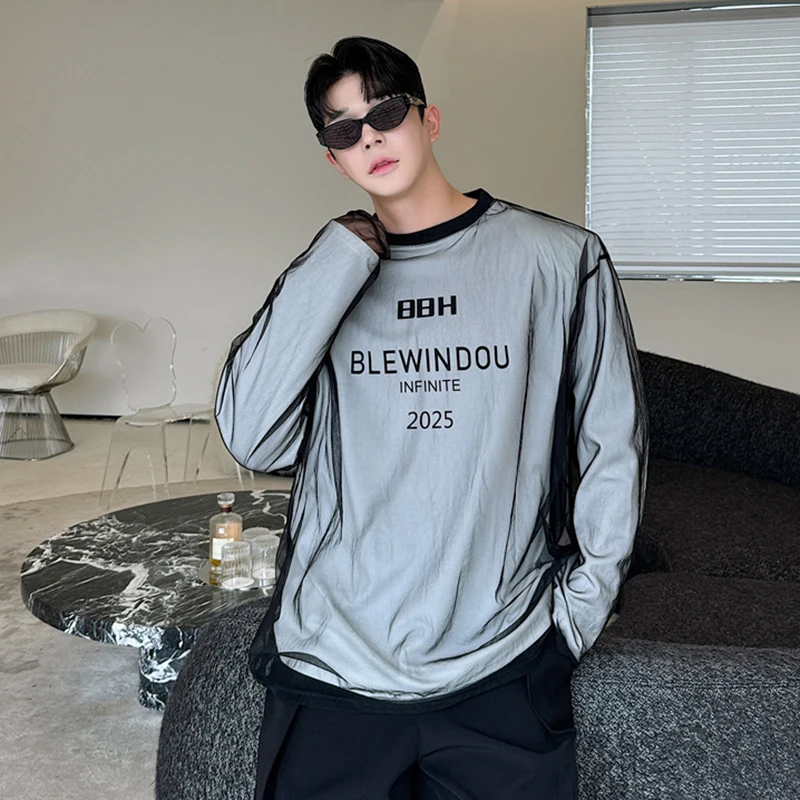 IEFB Niche Design Men's T-shirts Round Collar Letter Printing Casual Mesh Patchwork Shoulder Pads Long Sleeve Male Tees 9C7643