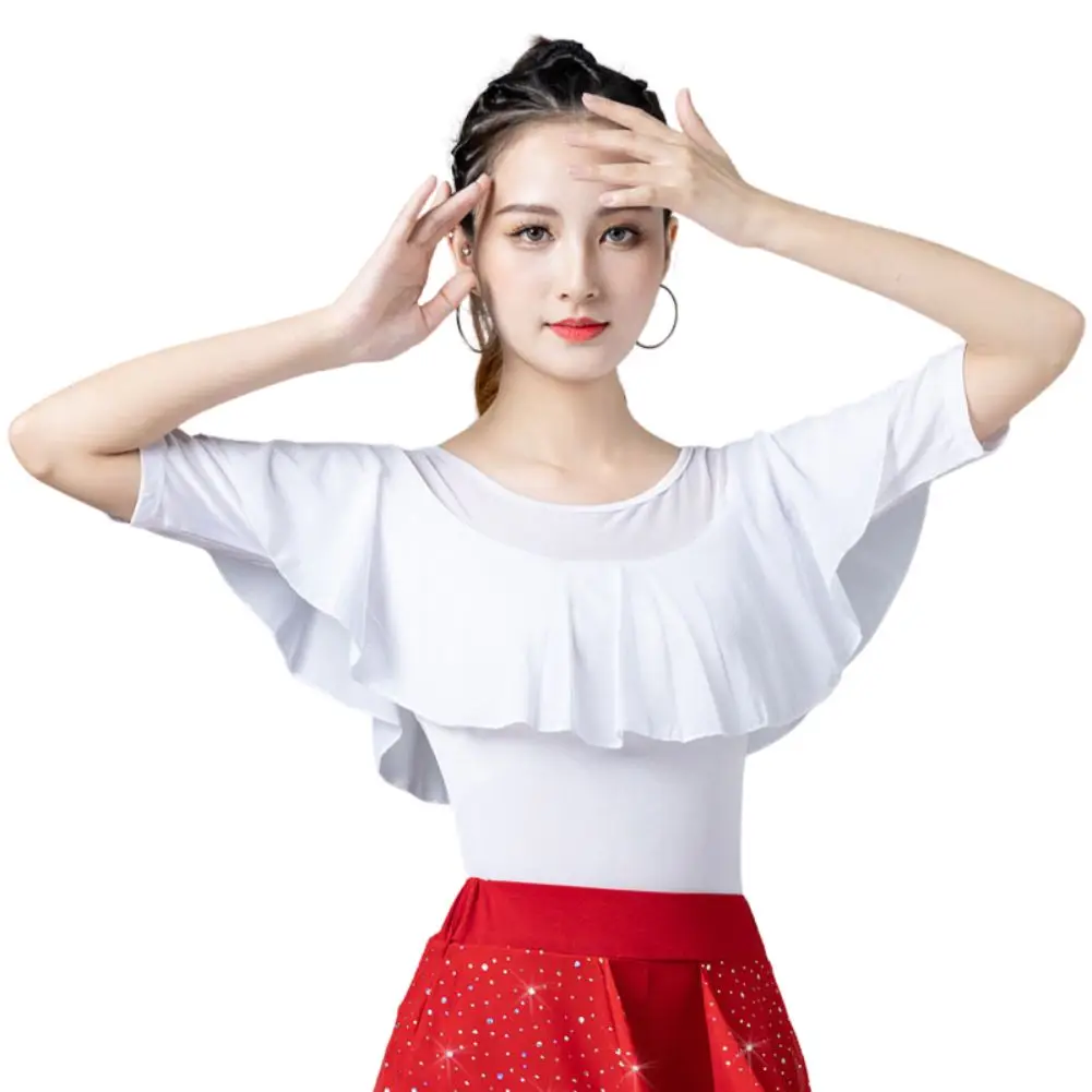 New Adult Women Latin Tops Short Sleeved T-shirt Stage Competition Dancewear Ballroom Samba Dancing Practice Costume