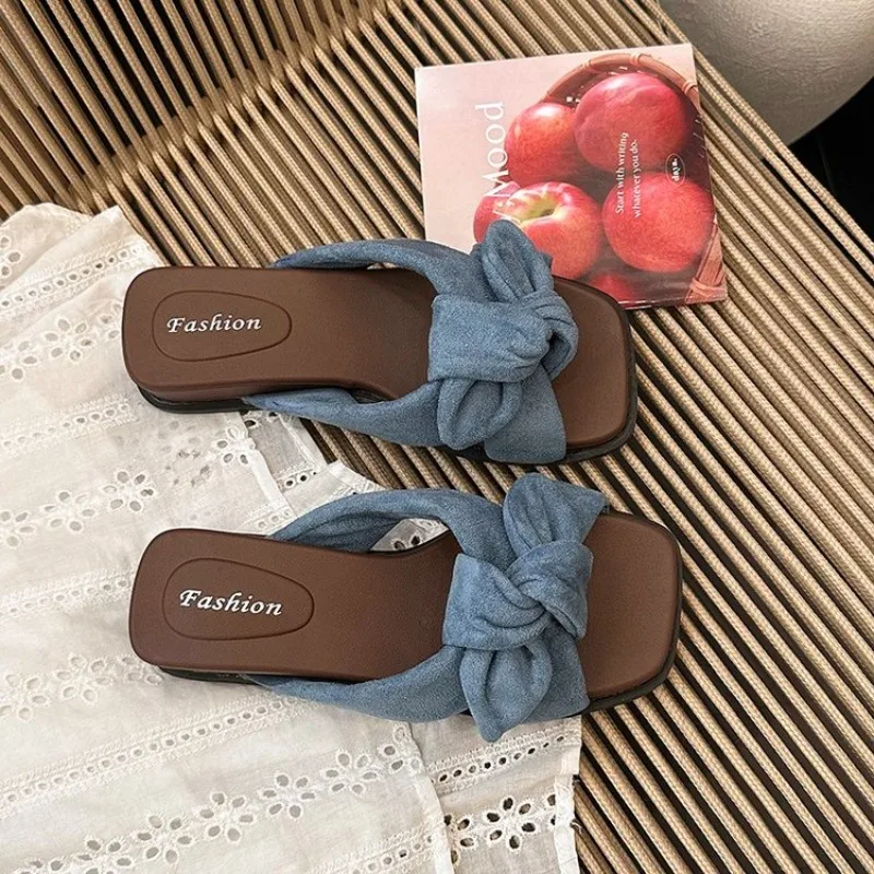 Comfortable Flat Bottom Sandals Women's Summer New Butterfly Knot One Strap Fashionable All-Match Soft Bottom Beach Cool Sandals