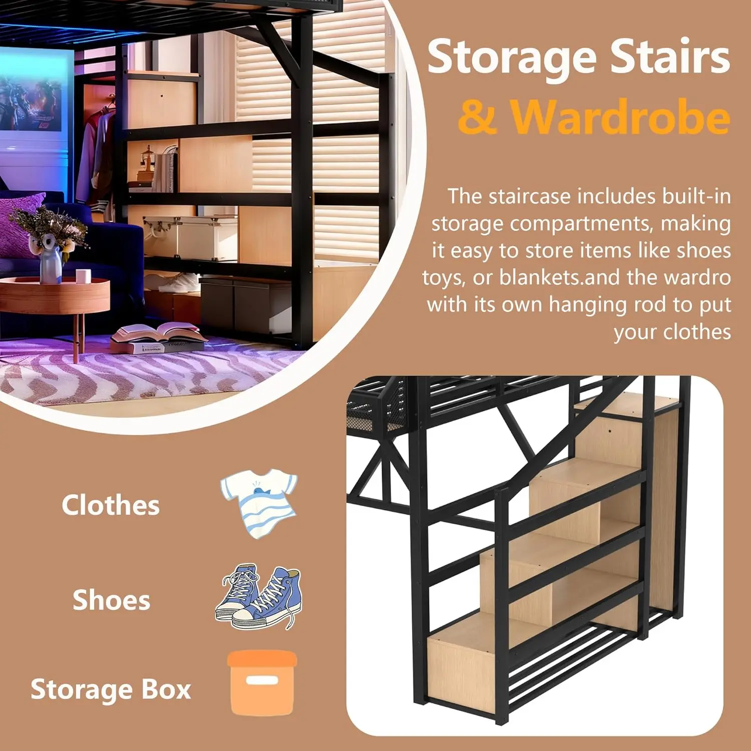Twin XL Bed with Storage Stairs Shelves Wardrobe LED USB Noise-Reduced Natural Wood, Customized image 4