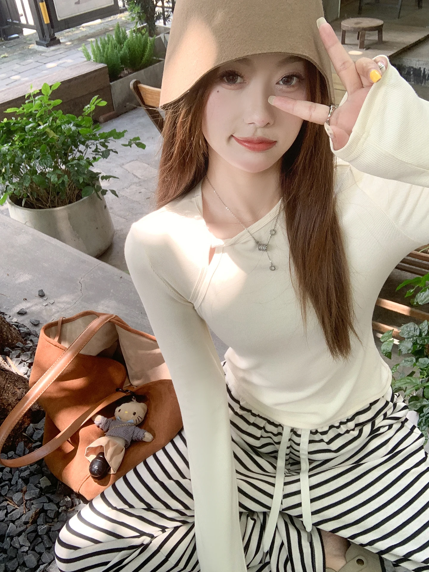 

Korean Sle Long Sve Slim Fit Women's T-irt Design Sensation Nectarine Inner Wear Spring New Arrival Breathable Skin-Fr...