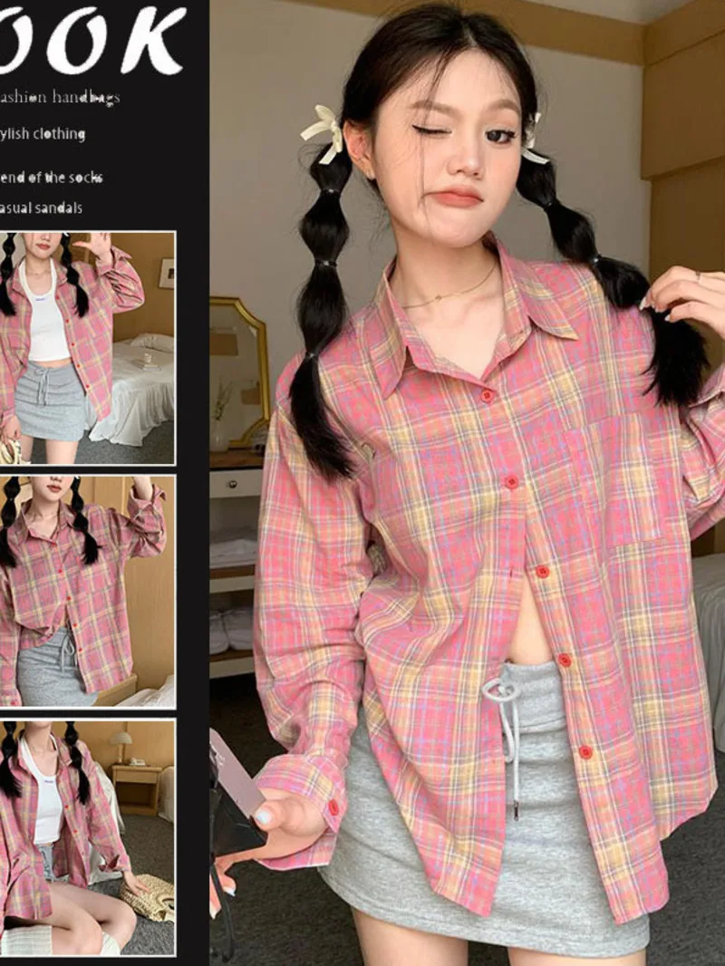 Japanese sweet raspberry pink checkered shirt for women fresh and loose slimming shirt sun protection shirt versatile top PS4M