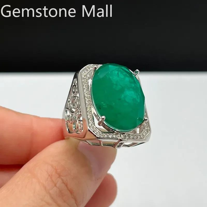 Vintage Sterling Silver Ring for Men 15mm * 20mm 15ct Man Made Colomabia Emerald Color Crystal Ring with 3 Layers Gold Plating